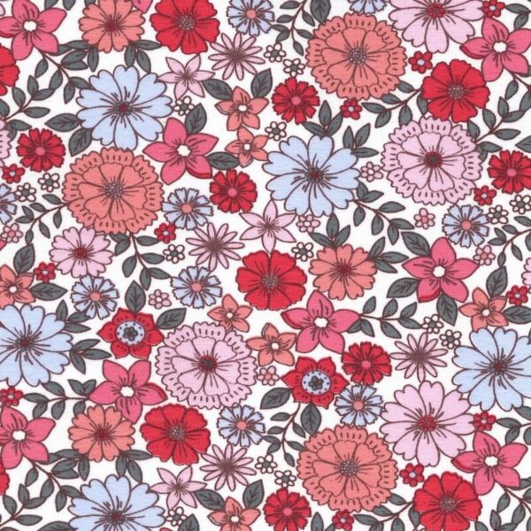 pink tones mod small flowers on white cotton jersey fabric