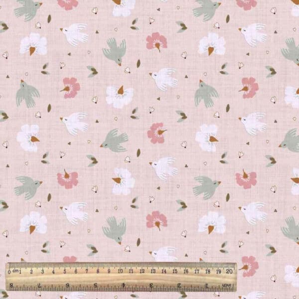 birds on pink from the adele angel cotton fabric collection with ruler