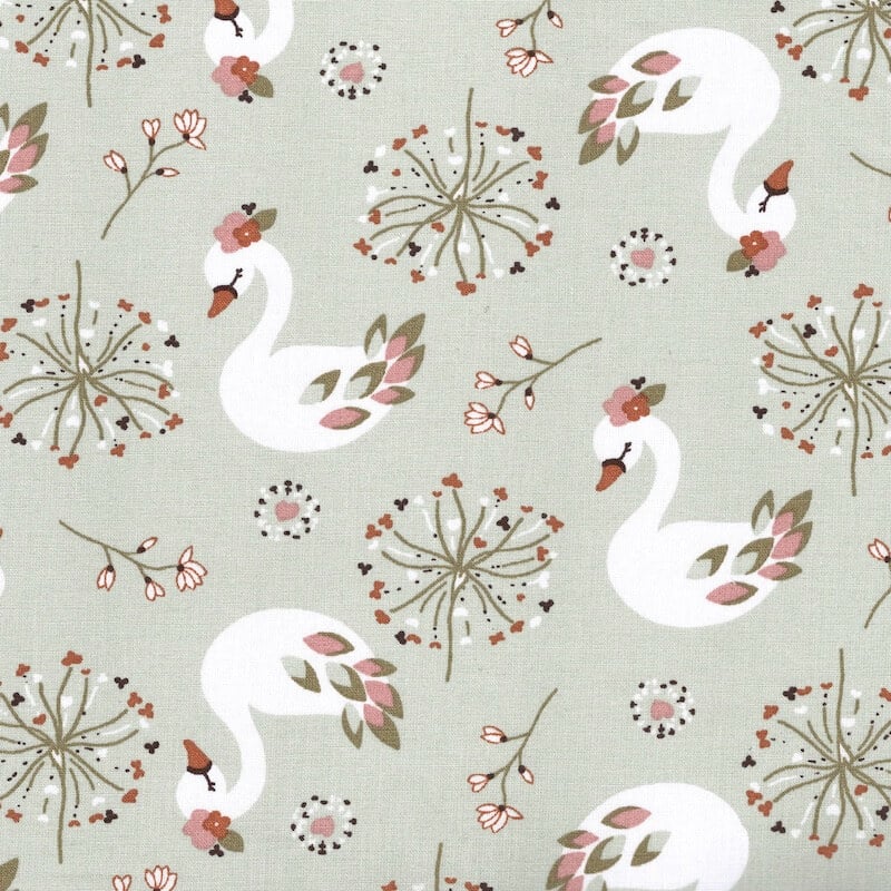 swans on geeen cotton fabric from the adele range of fabrics