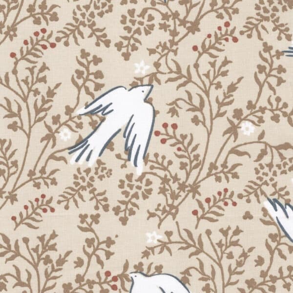 Daphne birds and branchs on natural ground from the Odisha collection dressmaking fabrics