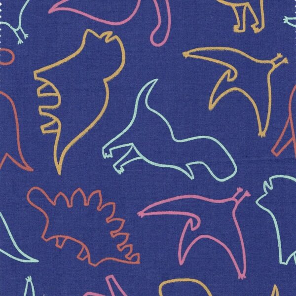 outline dinosaurs on royal blue cotton fabric