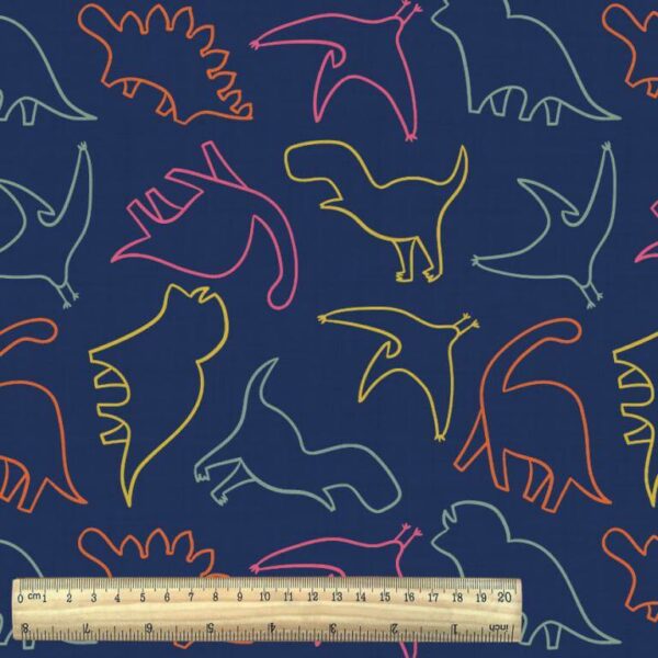 outline dinosaurs on royal blue cotton fabric with ruler