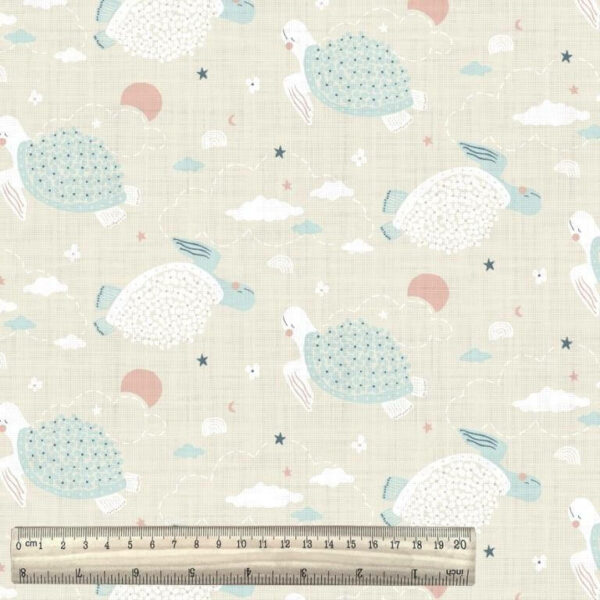 trtle cotton fabric nursery print in blue and white with ruler