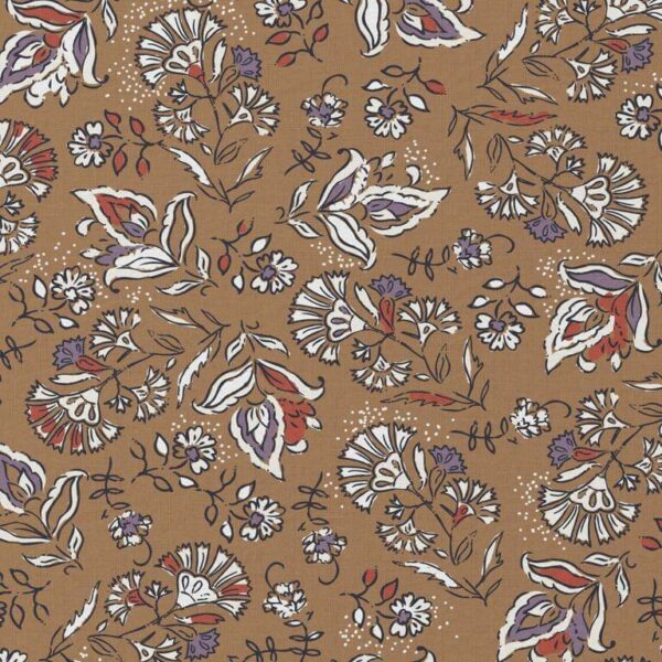 striking modern Indienne floral in rich tan cotton print fabric Higgs and Higgs