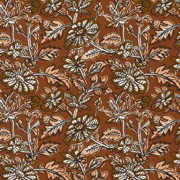 striking modern Indienne floral in camels cotton print fabric Higgs and Higgs